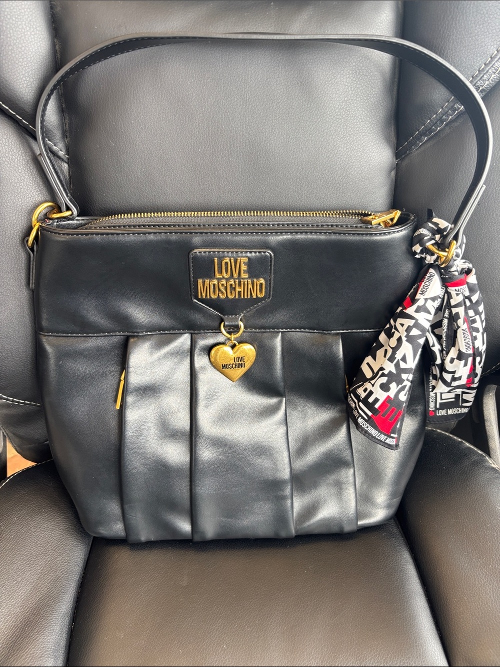 Love Moschino Black Shoulder Bag with Gold Heart Charm and Scarf Accent